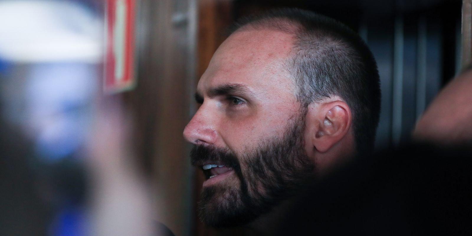 Eduardo Bolsonaro, then a federal deputy, speaking to reporters in Brasília in November 2024.