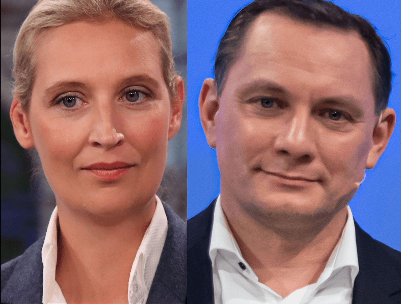 Os líderes da AfD, Alice Weidel e Tino Chrupalla, em montagem de duas fotos.