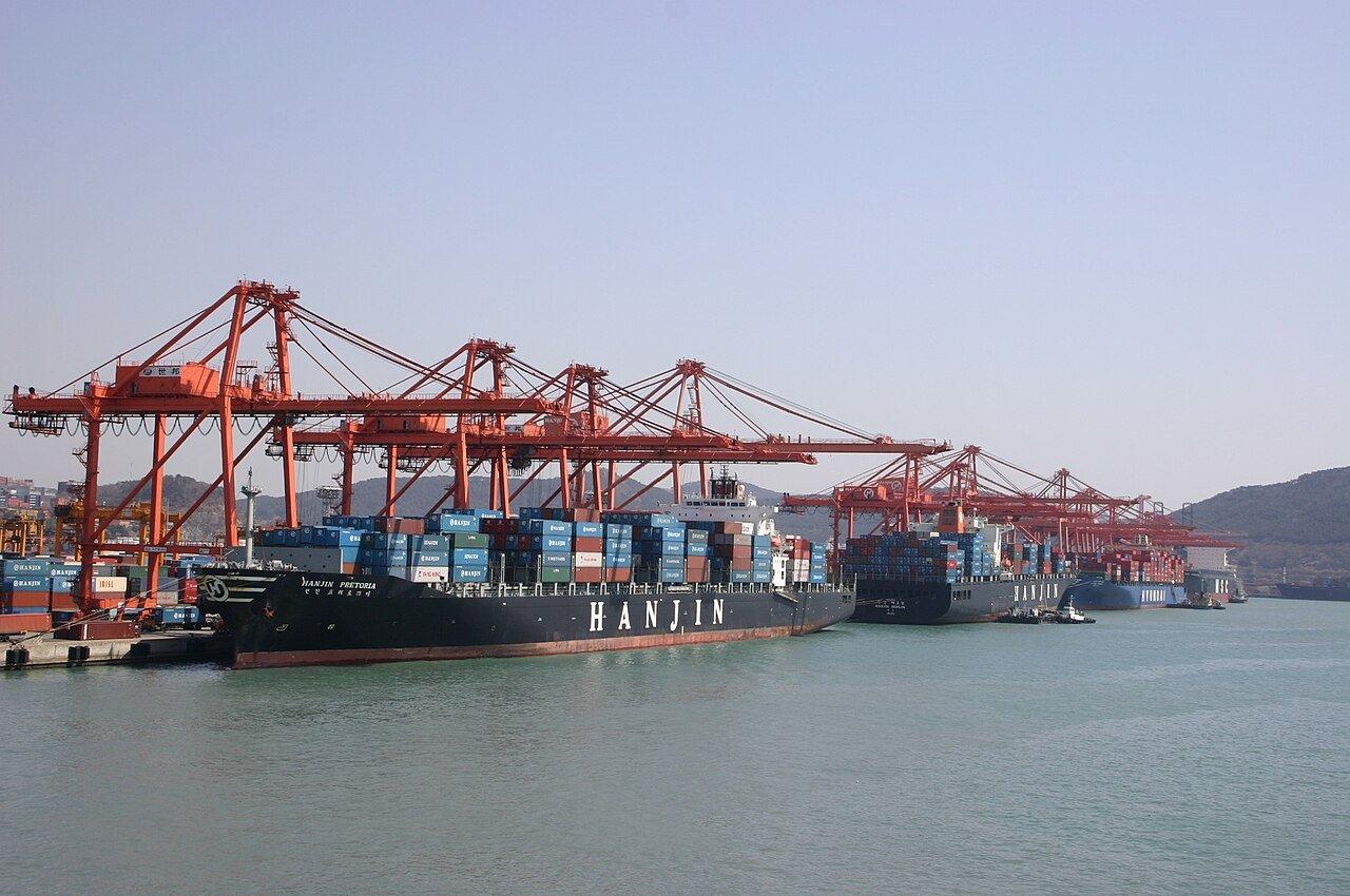 The container terminal at the port of Busan, South Korea, in 2006. The port handles roughly 80% of the country's container cargo.