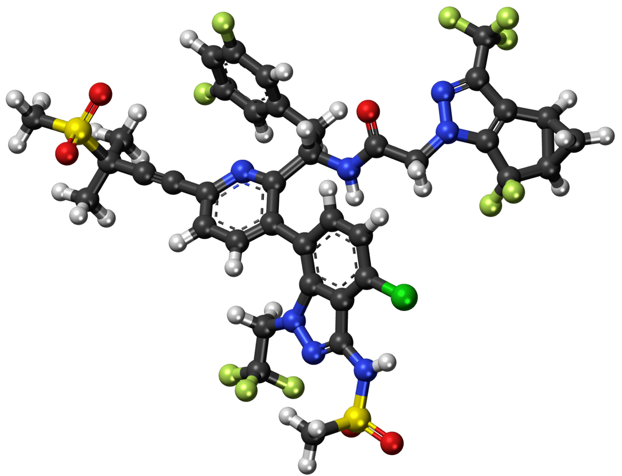Representação tridimensional, em modelo de bolas e varetas, da molécula de lenacapavir.