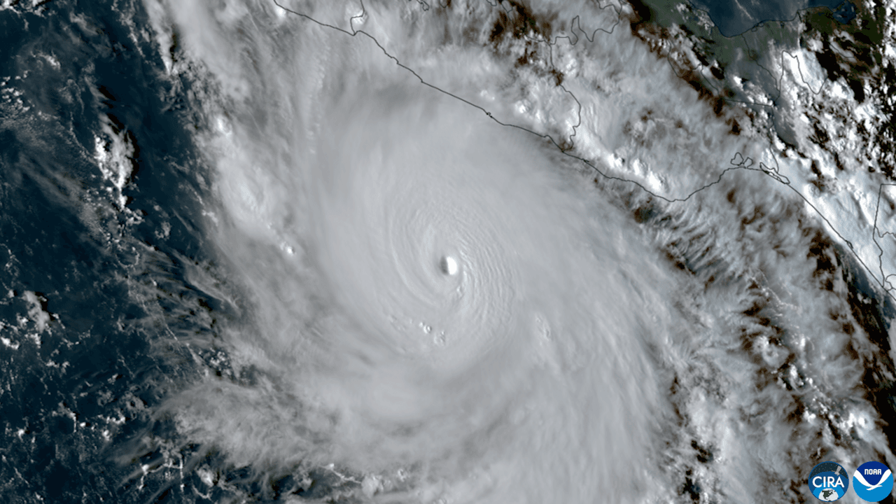 A GOES satellite image of Hurricane Polo off Mexico's southwest coast on 23 September 2026.