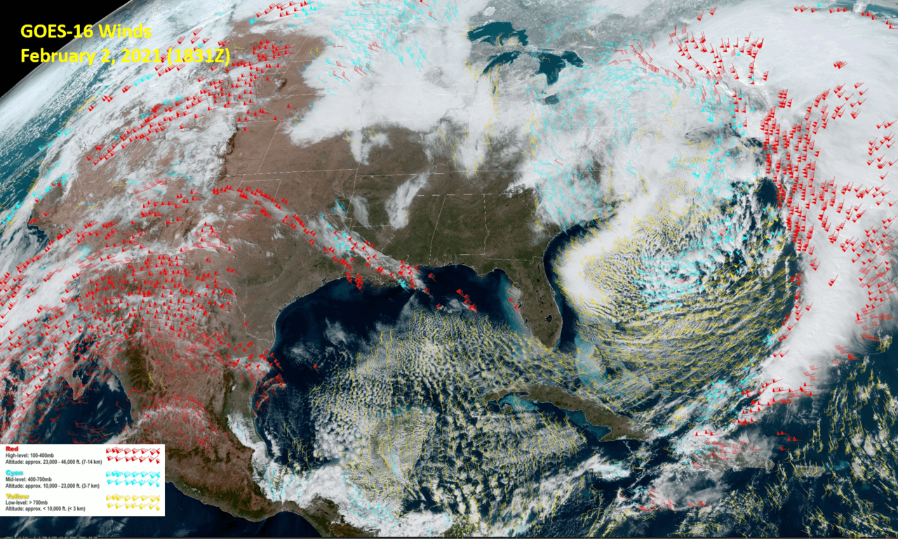 Imagem de satélite do GOES-16 de um nor'easter sobre o nordeste dos Estados Unidos, em fevereiro de 2021.
