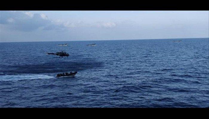 An Indian Navy ship on anti-piracy patrol in the Gulf of Aden, off the coast of Somalia, in November 2018.