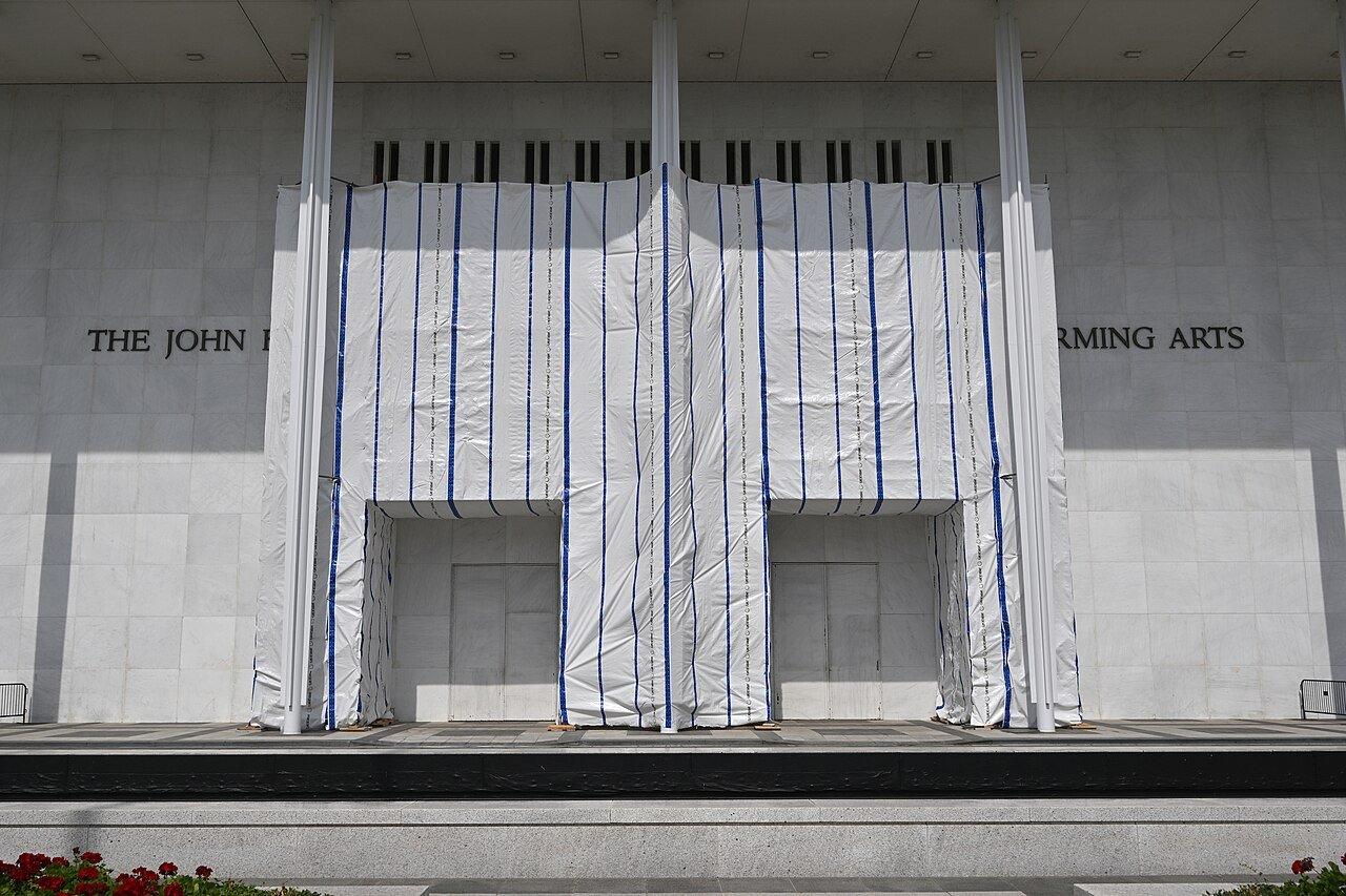 The sign on the front of the Kennedy Center in Washington, still largely covered on June 26, 2026, twelve days after Donald Trump's name was removed from it.