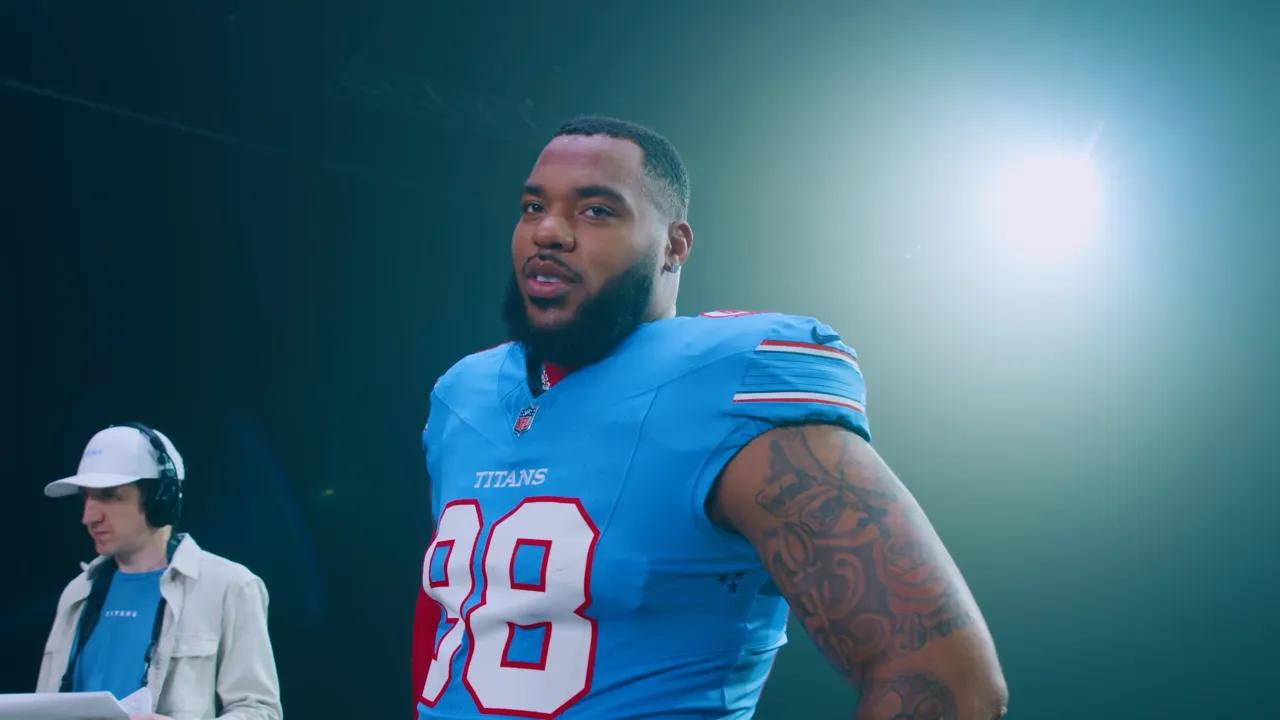 Jeffery Simmons during the Tennessee Titans' official jersey reveal shoot in March 2026, seven months before the team traded him to Chicago.