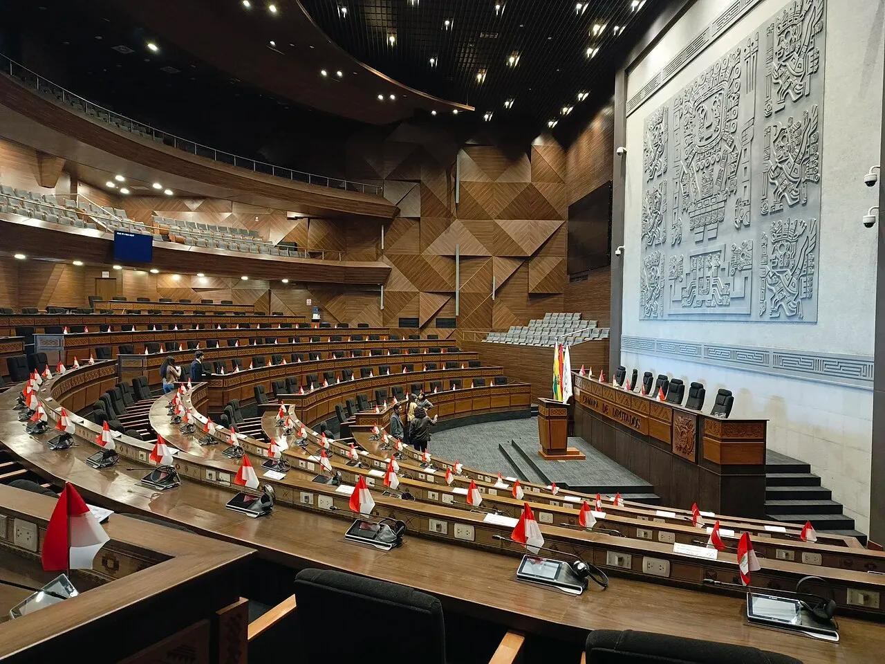 The chamber of Bolivia's Cámara de Diputados, inside the Plurinational Legislative Assembly building in La Paz, in 2026.