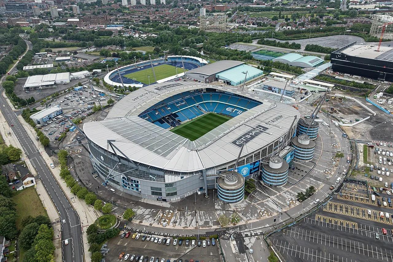 Vista aérea del Etihad Stadium, casa del Manchester City, en Mánchester, Inglaterra, en 2023.
