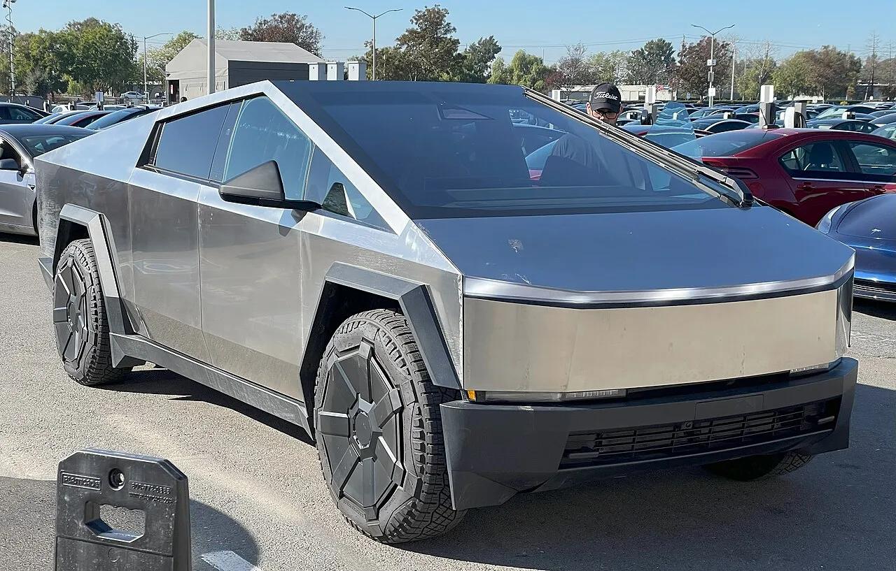 A production Cybertruck in the parking lot of Tesla's factory in Fremont, California, in 2023.