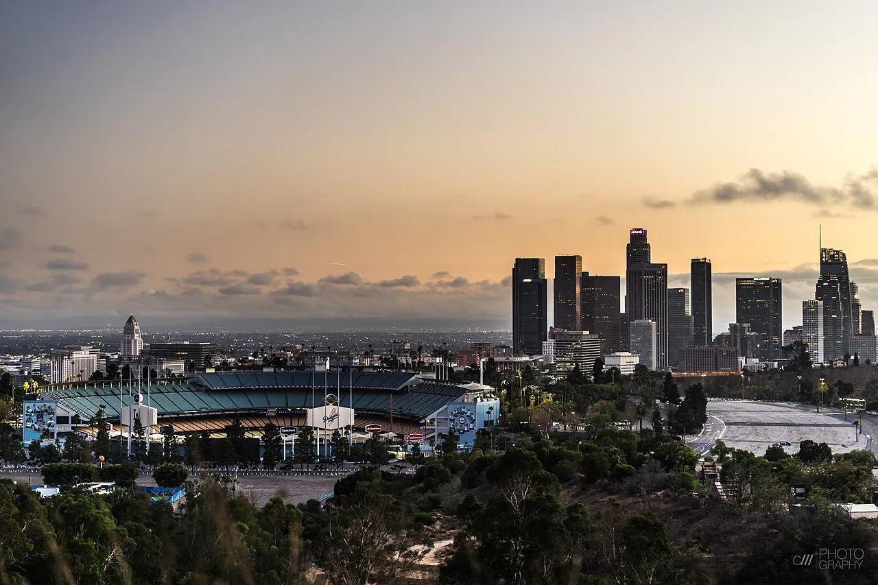 Dodger Stadium, with downtown Los Angeles behind it, in 2016.