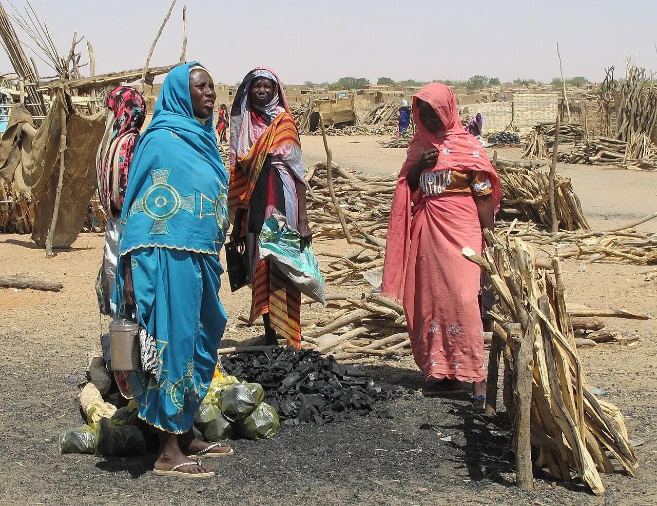 Internally displaced women sell charcoal at a market in El Fasher, capital of North Darfur, in February 2015, eight years before the war that destroyed the city.