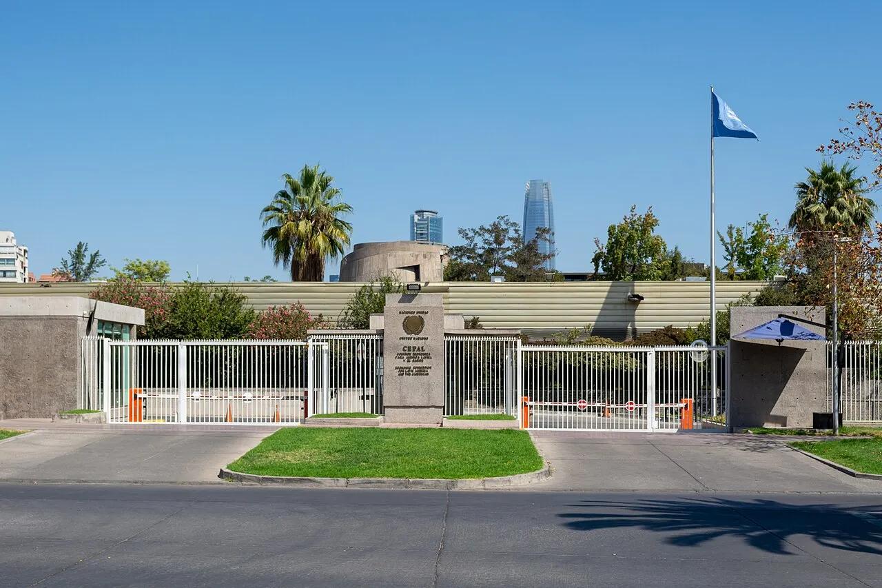 The entrance to the ECLAC building, the commission's headquarters in the Vitacura district of Santiago, Chile, in 2020.