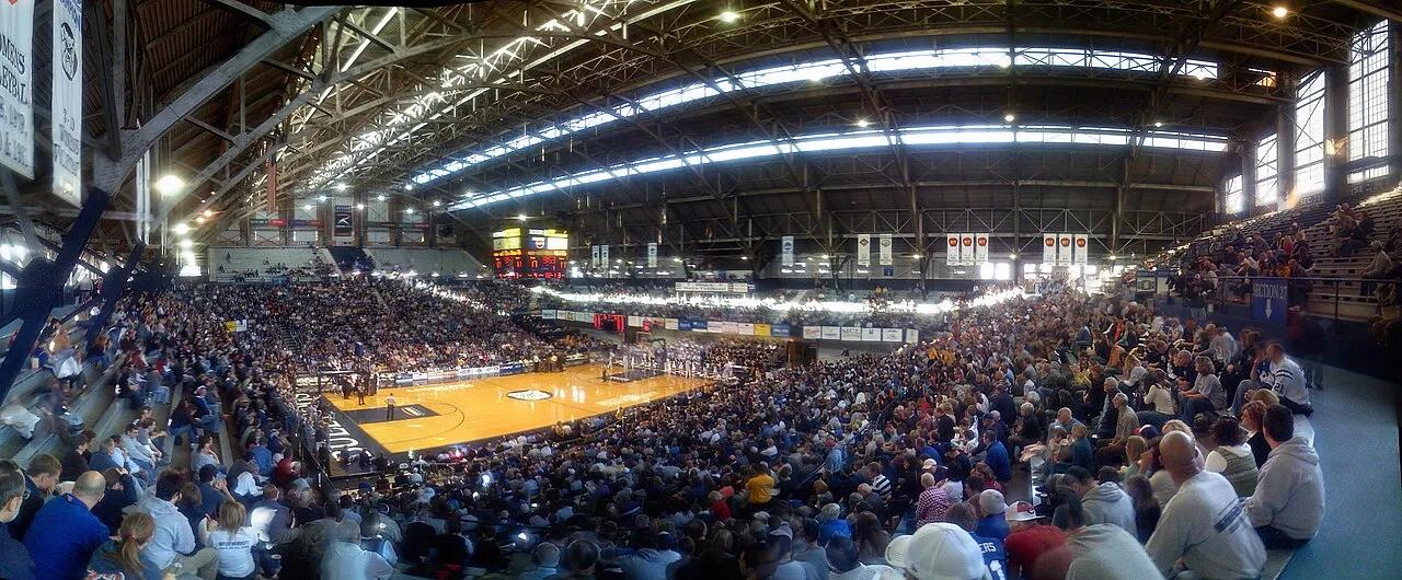 The interior of Hinkle Fieldhouse at Butler University in Indianapolis, photographed in 2008.