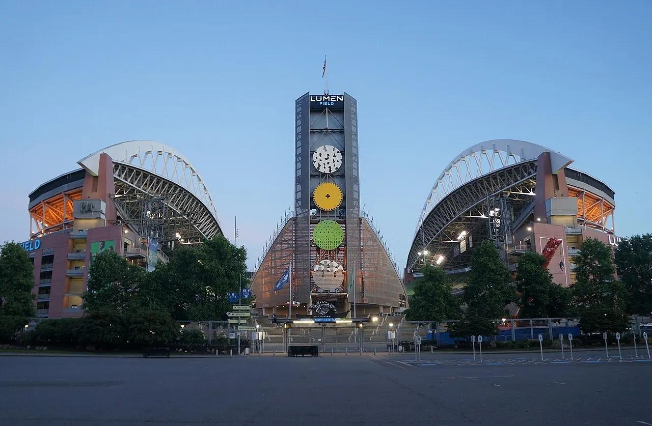 The north side of Lumen Field, the Seattle Seahawks' stadium, at dusk in 2022.