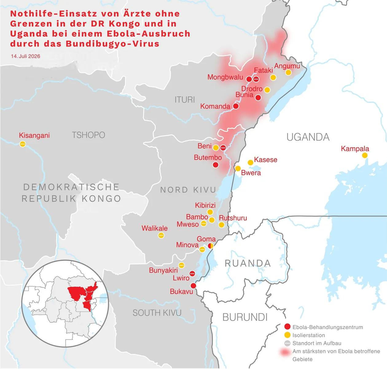 Mapa da resposta emergencial de Médicos Sem Fronteiras ao surto de ebola do tipo Bundibugyo no leste da RD Congo e em Uganda, com a situação de julho de 2026: pontos vermelhos marcam centros de tratamento e amarelos, unidades de isolamento.