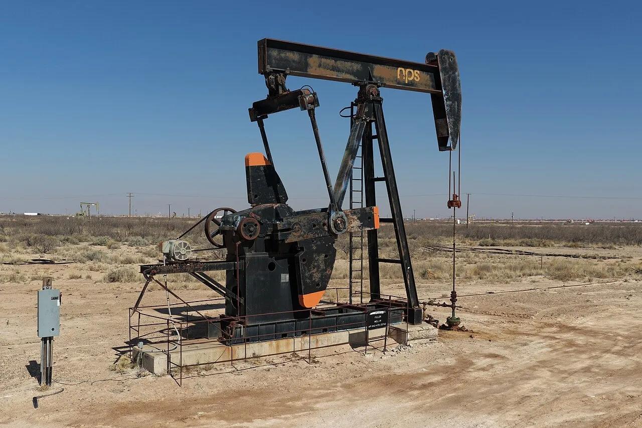 An oil pumpjack working a well in the Permian Basin near Monahans, Texas, in March 2026.