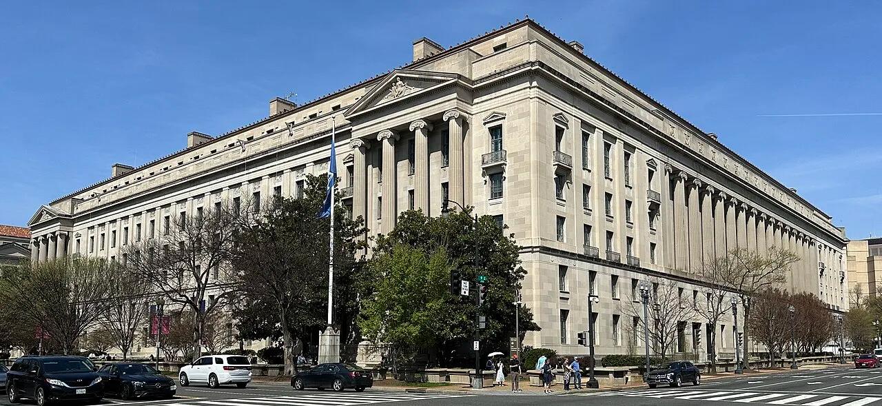 The Robert F. Kennedy Department of Justice Building in Washington, D.C., headquarters of the department whose Antitrust Division opened the inquiry, photographed in March 2026.