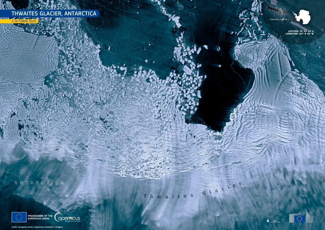 The ice tongue of Thwaites Glacier in West Antarctica, in a radar image captured by the Copernicus Sentinel-1 satellite on 2 October 2025.