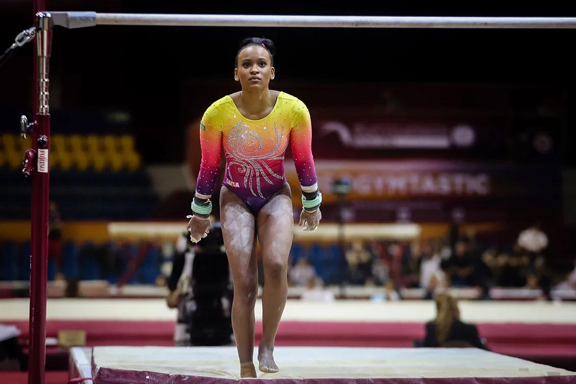 Rebeca Andrade prepares to mount the uneven bars at the 2018 Artistic Gymnastics World Championships.