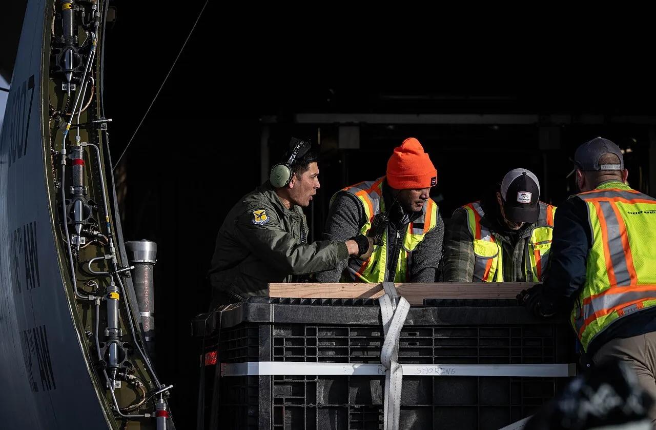 Crews load a GOES-U weather satellite — the last of the current GOES-R series, which GeoXO is meant to replace — onto an Air Force C-5M at Buckley Space Force Base, Colorado, in January 2024.